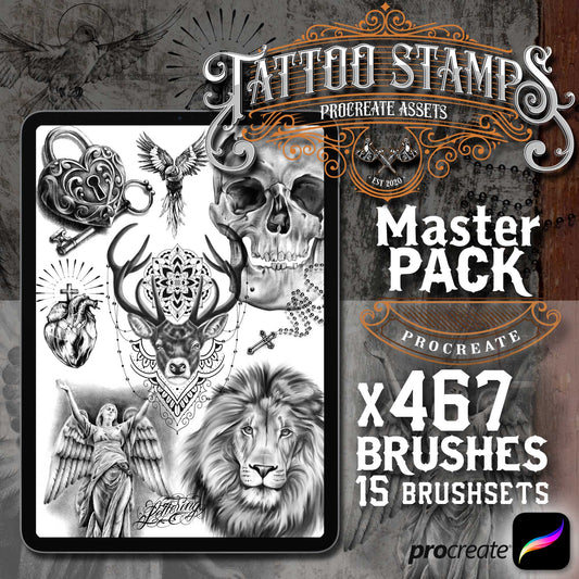 467 Tattoo Brushes and 15 Brushsets for Procreate by TattooStamps