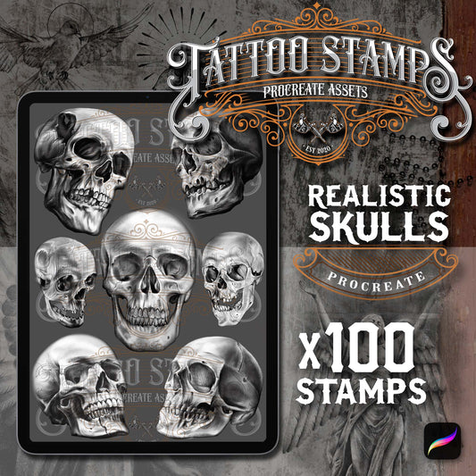 100 Realistic Black & Grey Skull Tattoo Procreate app for iPad & iPad pro by TattooStampsArt