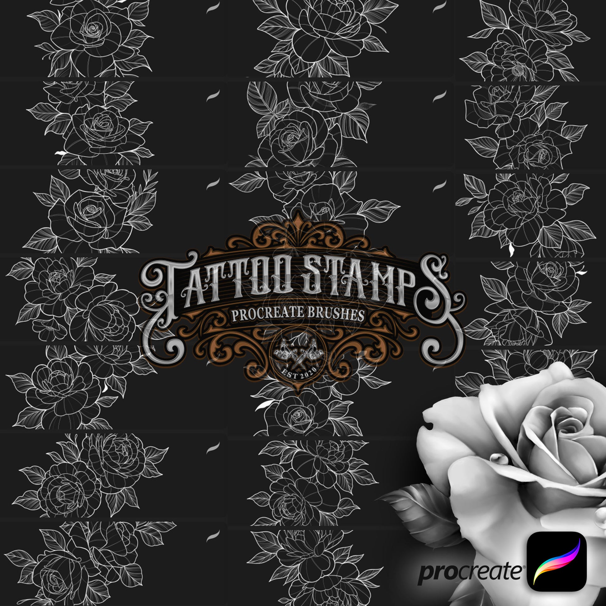 57 Original Flowers Tattoo Procreate Brushes for iPad & iPad pro created by TattooStampsArt Pro Tattoo Artists