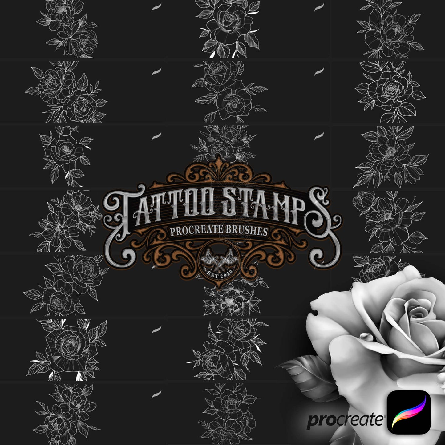 57 Original Flowers Tattoo Procreate Brushes for iPad & iPad pro created by TattooStampsArt Pro Tattoo Artists