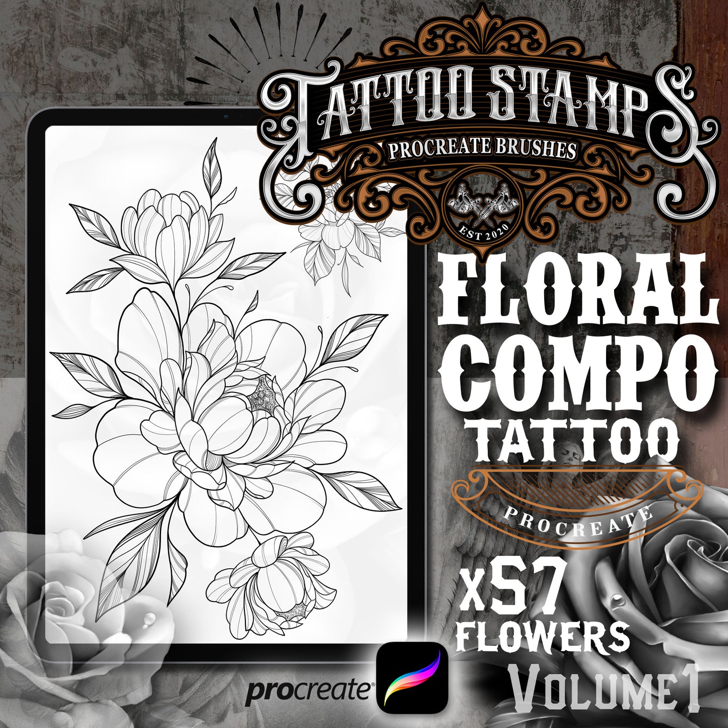 57 Original Flowers Tattoo Procreate Brushes for iPad & iPad pro created by TattooStampsArt Pro Tattoo Artists