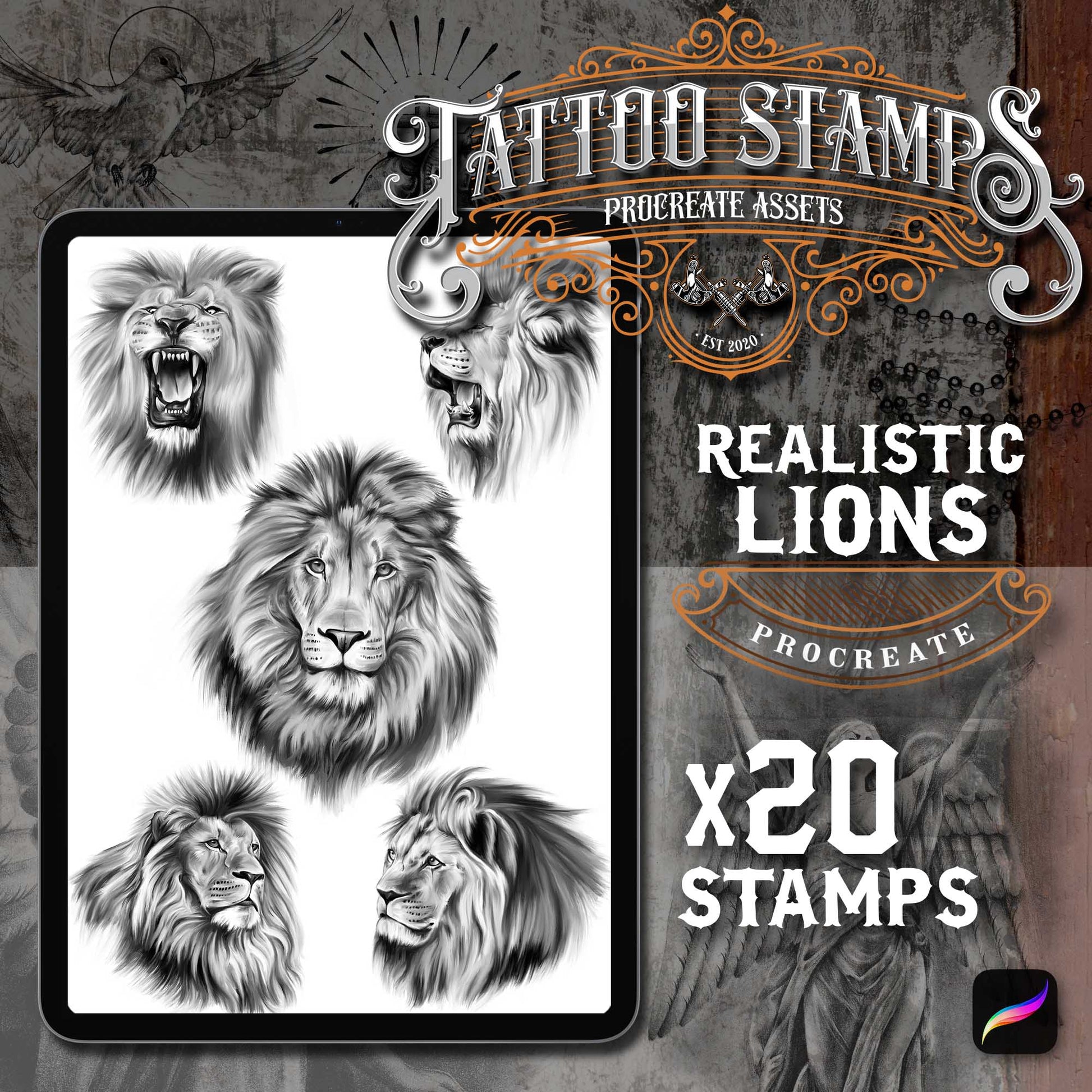 20 Realistic Black & Grey Lions Tattoo Procreate app for iPad & iPad pro  in the Master Pack by TattooStampsArt