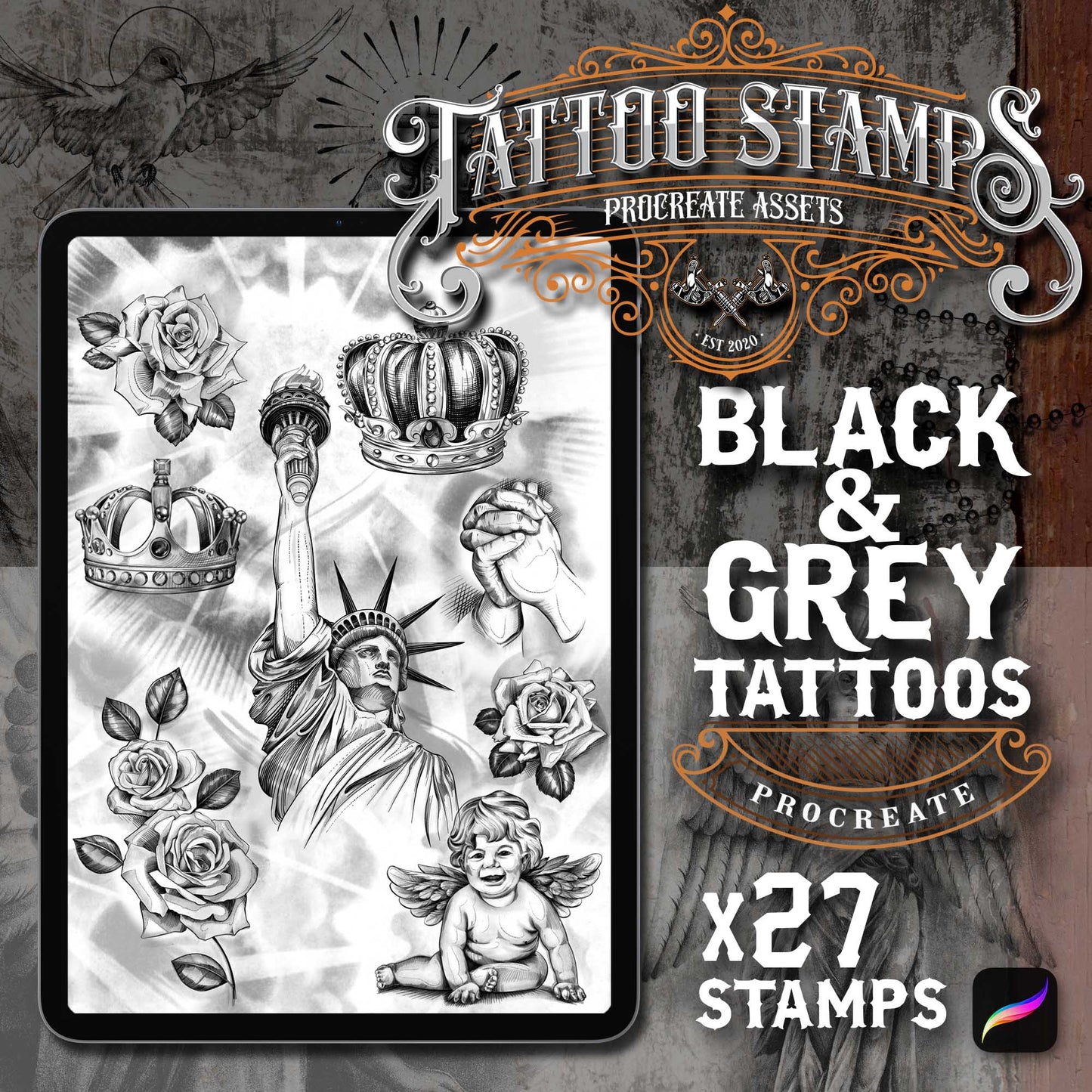 27 Realistic Black & Grey Chicano Tattoo Procreate app for iPad & iPad pro  in the Master Pack by TattooStampsArt