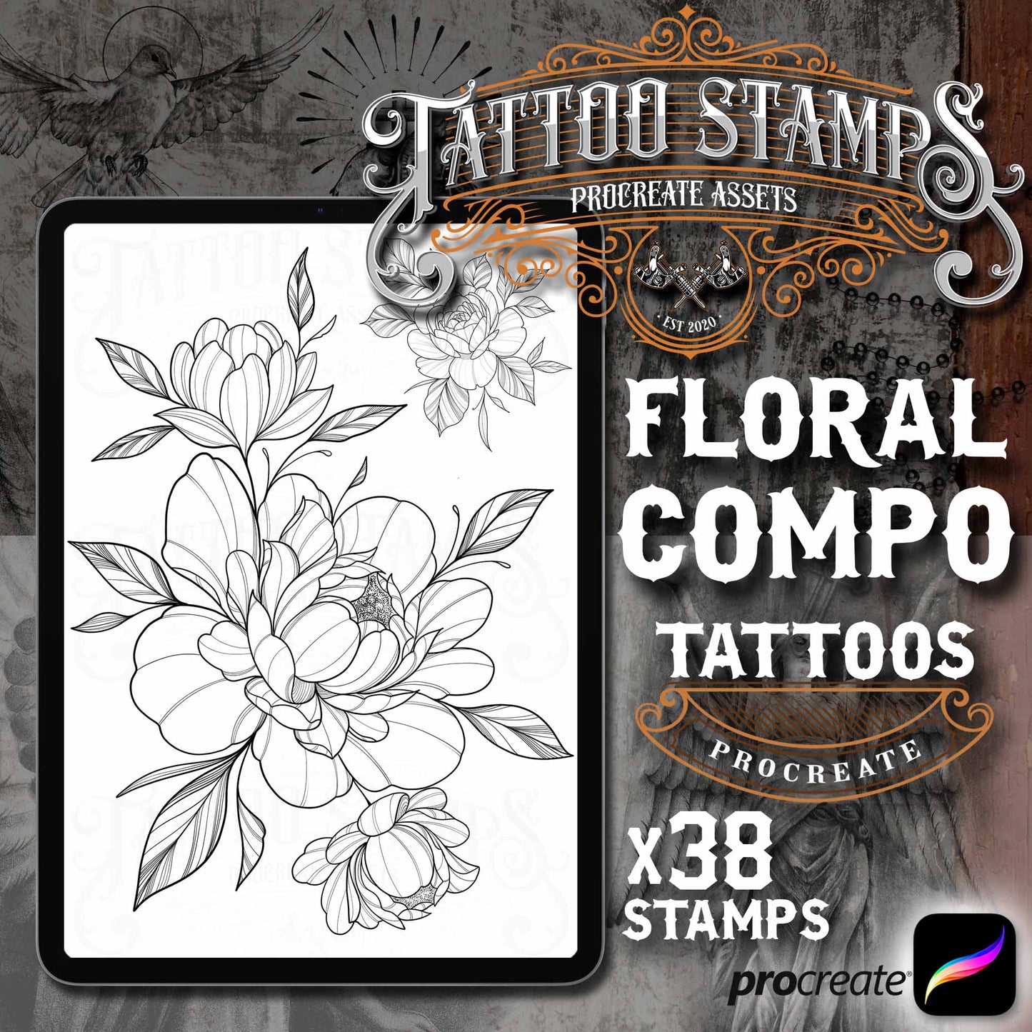 38 Floral Compositions Tattoo Brushes for Procreate in the Master Pack by TattooStamps