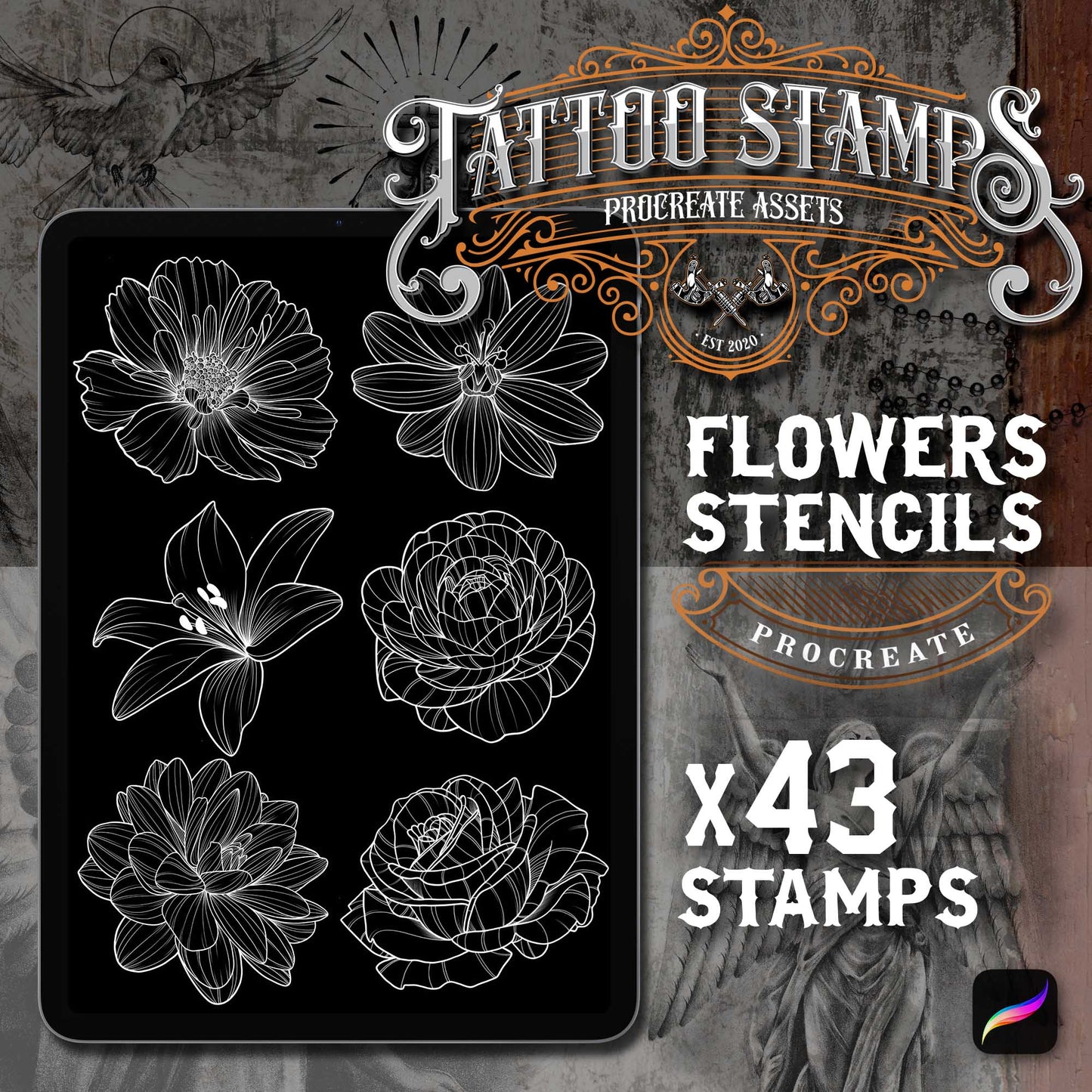 43 Flowers Stencil Tattoo Procreate app for iPad & iPad pro  in the Master Pack by TattooStampsArt