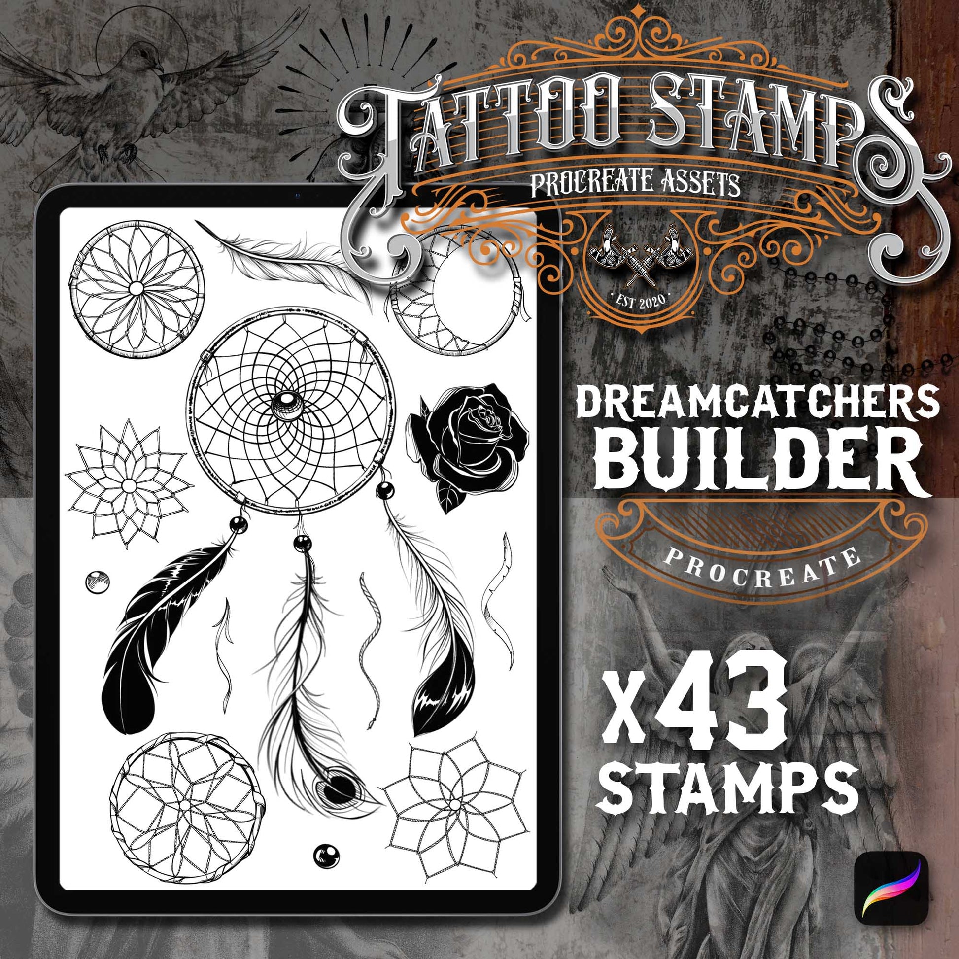 43 Realistic Dream Catcher Tattoo Procreate app for iPad & iPad pro  in the Master Pack by TattooStampsArt