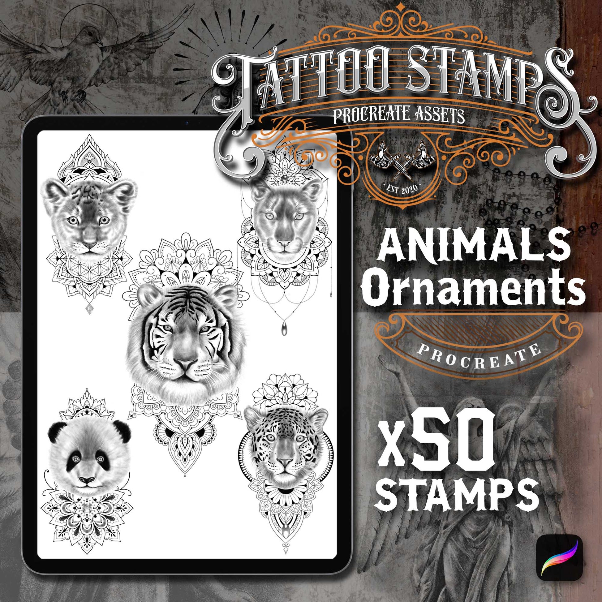 50 Ornamentals and Animals Tattoo Procreate app for iPad & iPad pro  in the Master Pack by TattooStampsArt