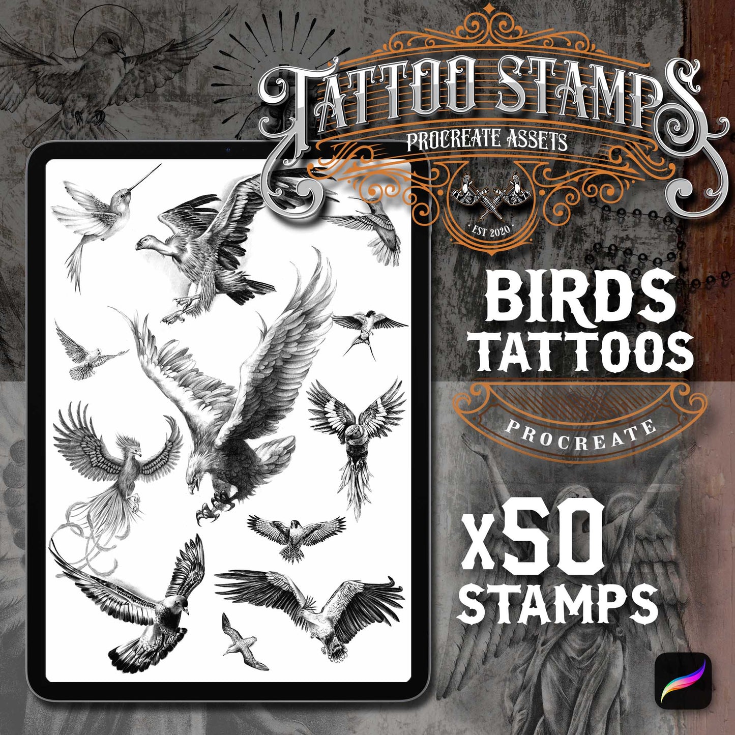 50 Realistic Black & Grey Bird Tattoo Procreate app for iPad & iPad pro  in the Master Pack by TattooStampsArt