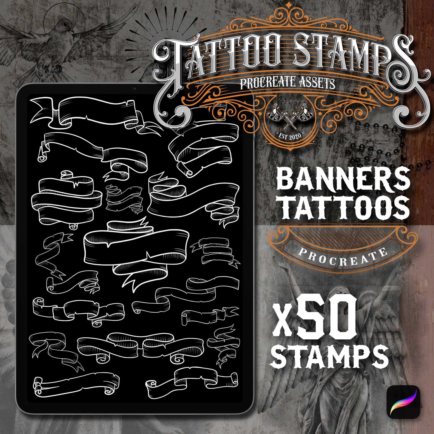 50 Old School Banner Tattoo Procreate app for iPad & iPad pro  in the Master Pack by TattooStampsArt