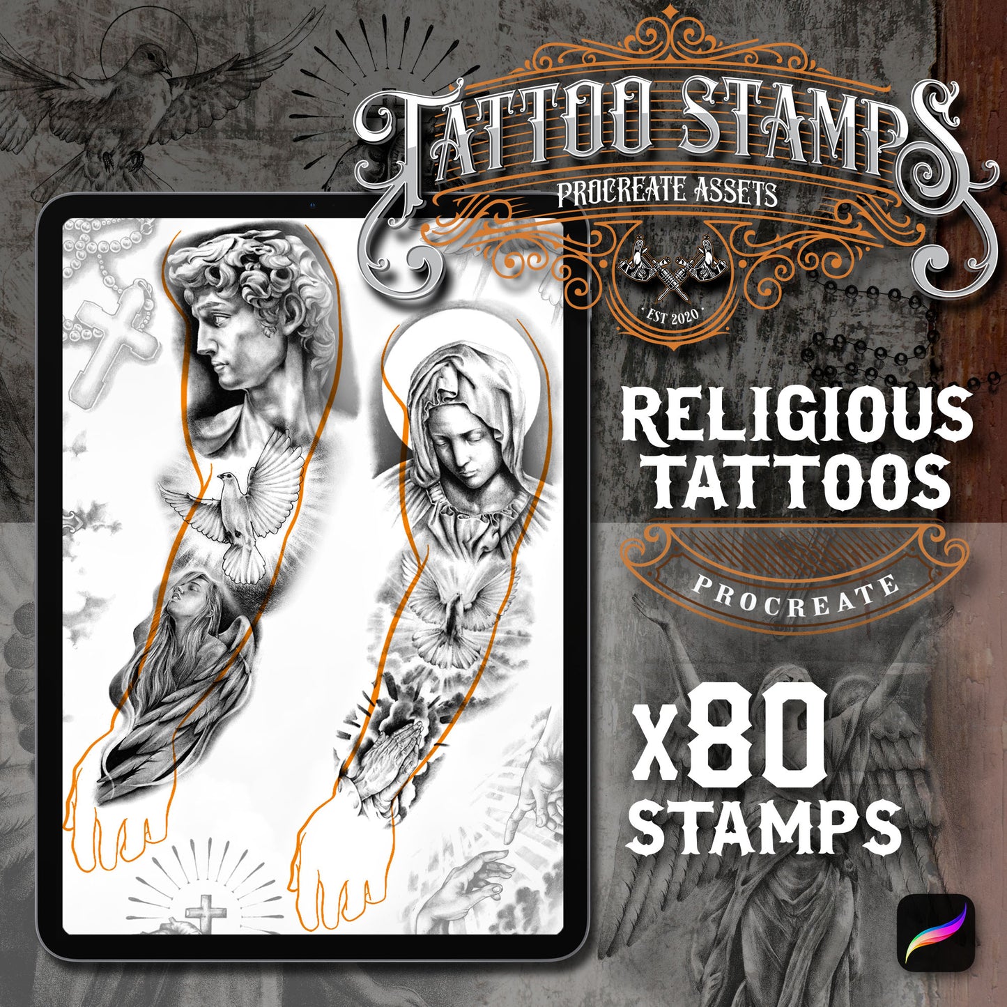 80 Realistic Religious Tattoo Procreate Brushes by TattooStampsArt