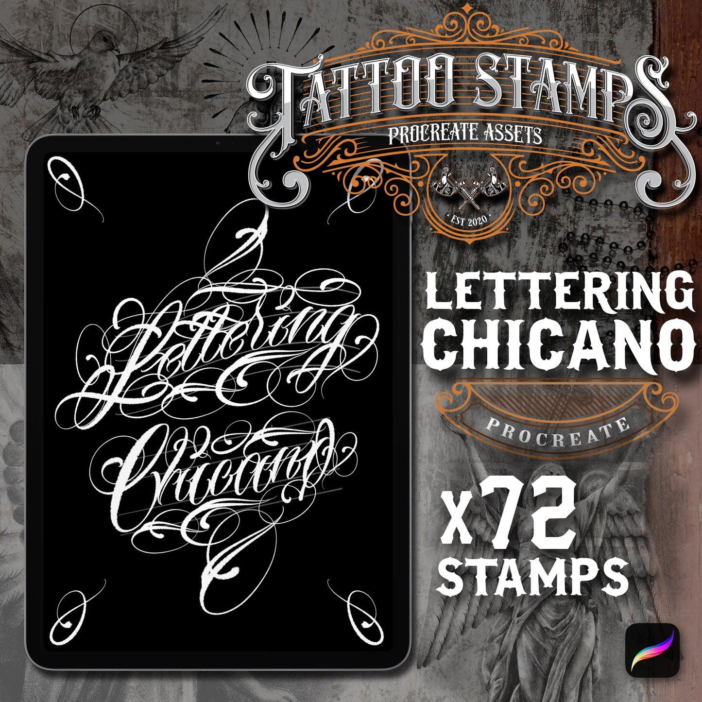 72 Lettering Chicano Tattoo Procreate app for iPad & iPad pro  in the Master Pack by TattooStampsArt