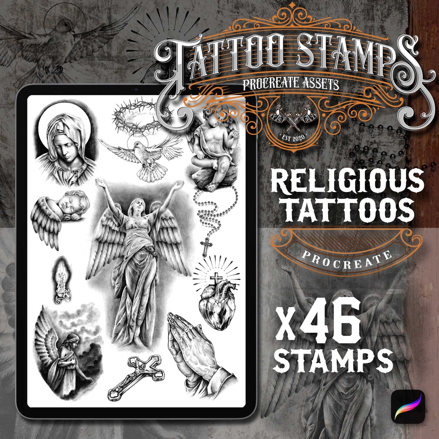 46 Realistic Religious Black & Grey Tattoo Procreate app for iPad & iPad pro  in the Master Pack by TattooStampsArt