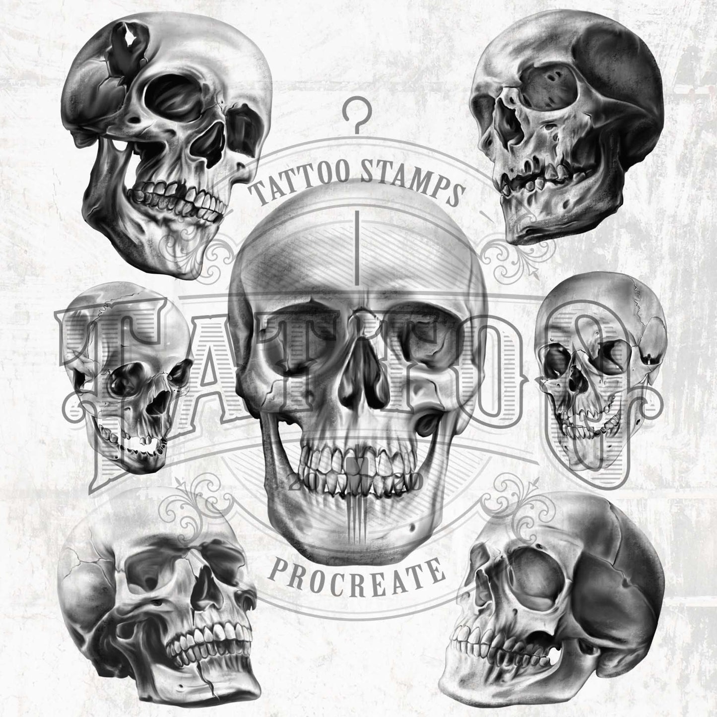 100 Realistic Black & Grey Skull Tattoo Procreate app for iPad & iPad pro by TattooStampsArt