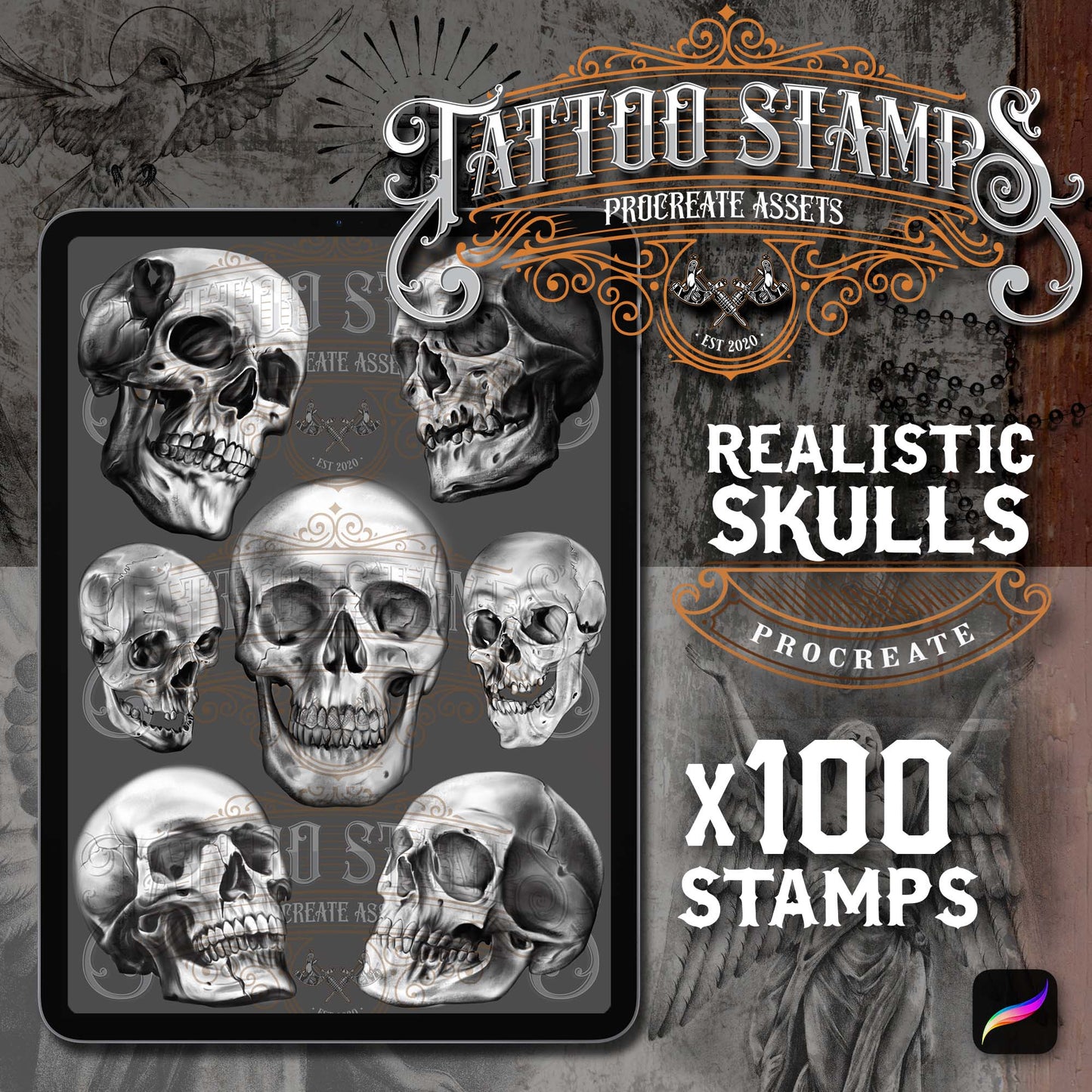 100 Realistic Black & Grey Skull Tattoo Procreate app for iPad & iPad pro  in the Master Pack by TattooStampsArt